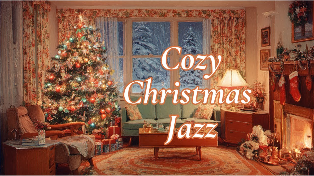 Cozy Vintage Christmas Living Room Jazz | Falling Snow, Fireplace, Peaceful Holiday Ambience