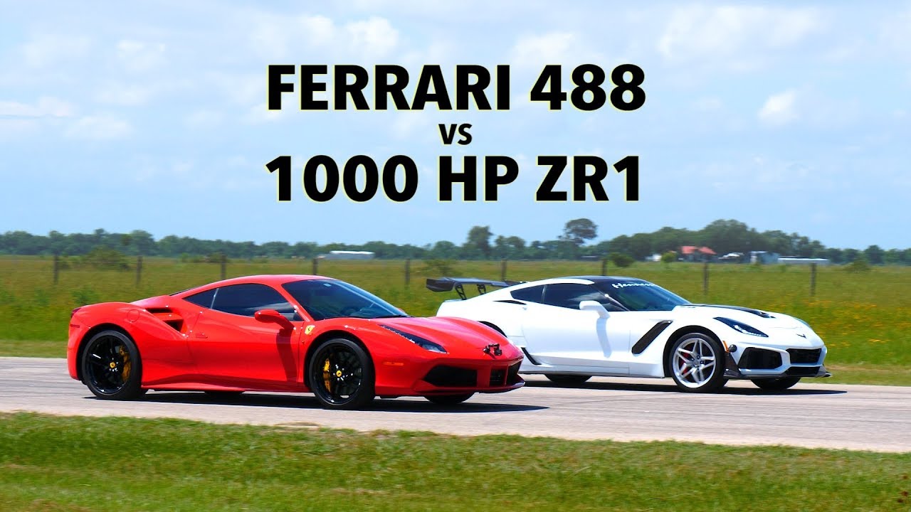 660 HP Ferrari 488 GTB vs 1000 HP Hennessey ZR1 Corvette Roll Race Comparison