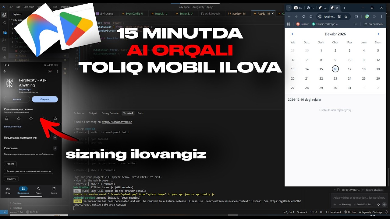Sunniy intellekt Orqali 15 minutda Mobil Ilova yaratdim | Kod yozmasdan React Native orqali ilova