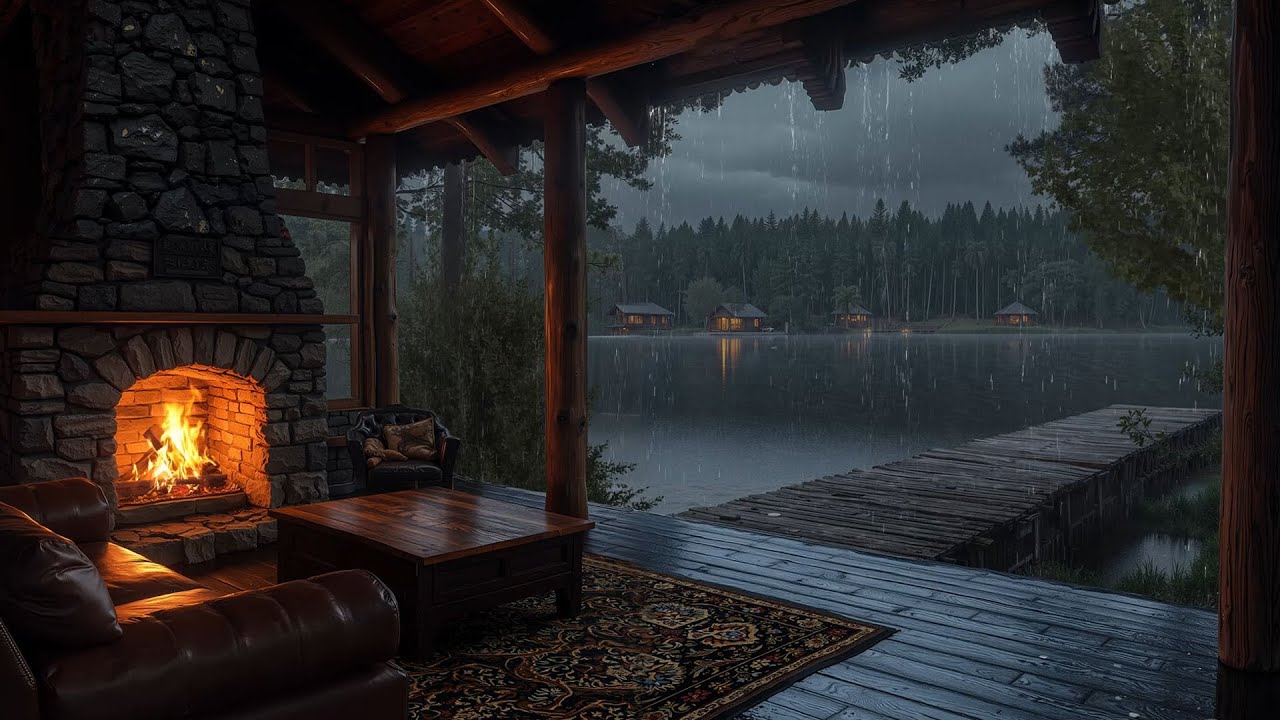 Rain Ambience for Sleeping(No Ads) 🌧 Lakeside Porch Rain & Crackling Fireplace