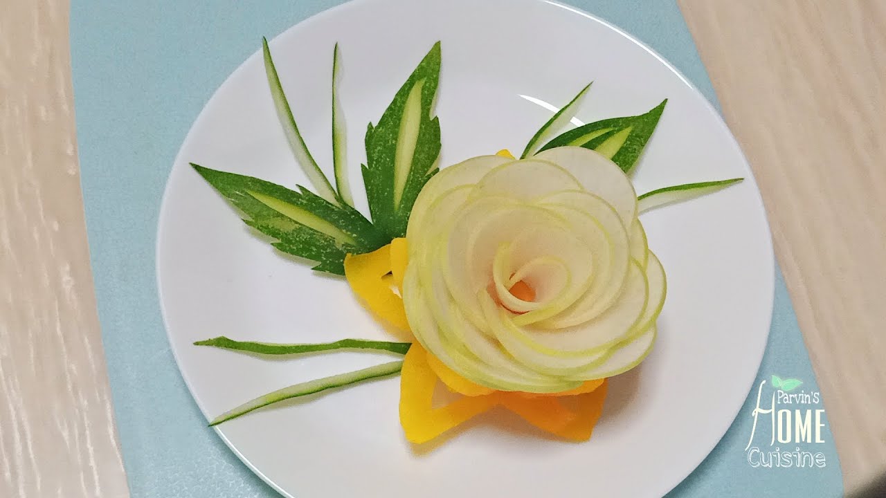 Capsicum & White Radish Flower with Cucumber Leaf Carving | Vegetable And Fruit Carving Art