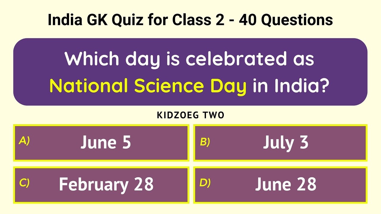 India GK Quiz for Class 2 Kids | 40 Easy General Knowledge Questions with Answers | School Test