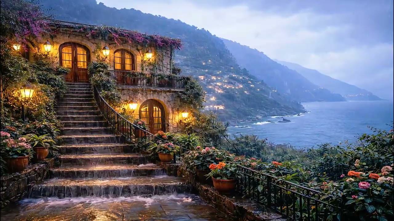 Rainy Evening on the Amalfi Coast | Calming Rain Sounds & Gentle Music I 1 Hour