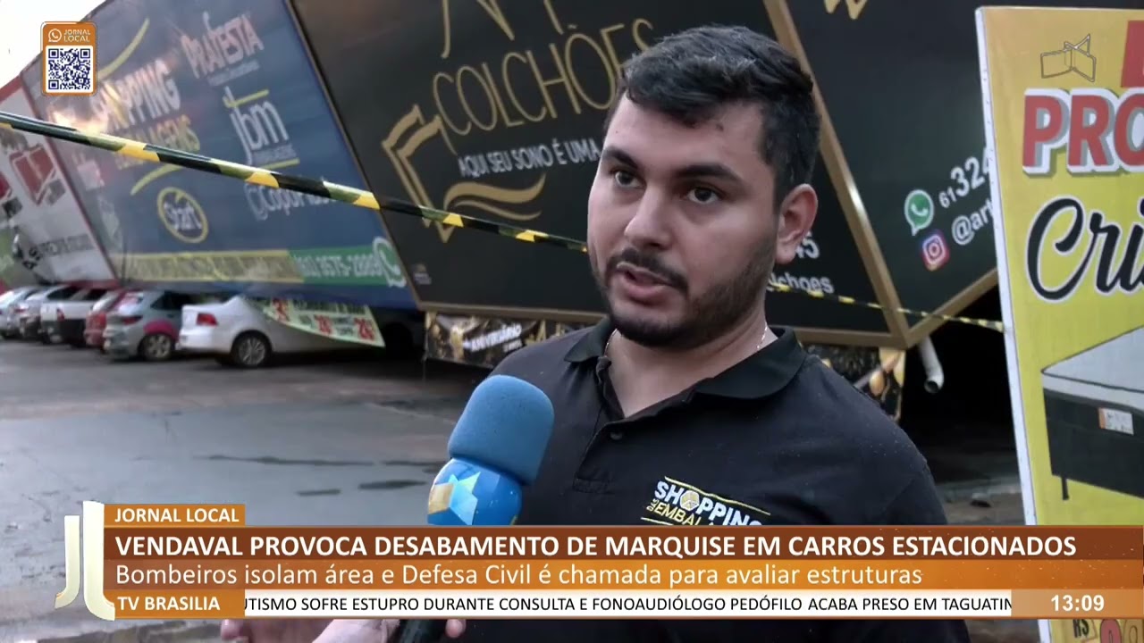 JL - Vendaval provoca desabamento de marquise em carros estacionados