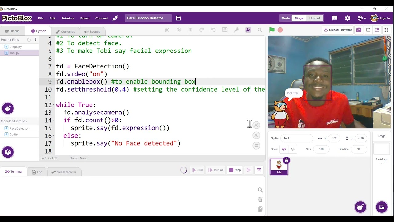 FACE EMOTION DETECTION USING PYTHON IN PICTOBLOX
