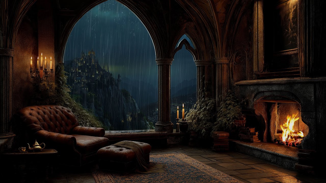 Relaxation in the Castle Room with Rain Thunder and Crackling Fire - Insomnia, Tinnitus