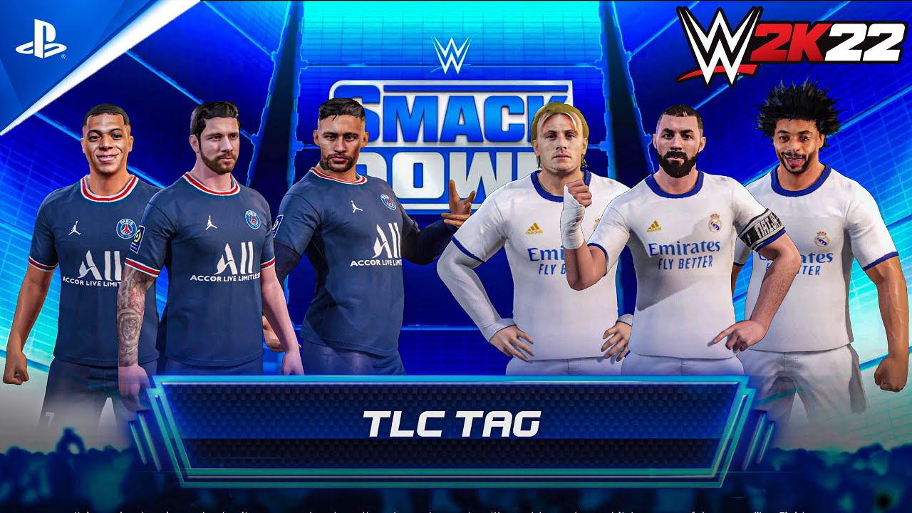 WWE 2K22 Месси, Неймар, Мбаппе против Бензема, Модрича, Марсело, командный матч по правилам Extre...