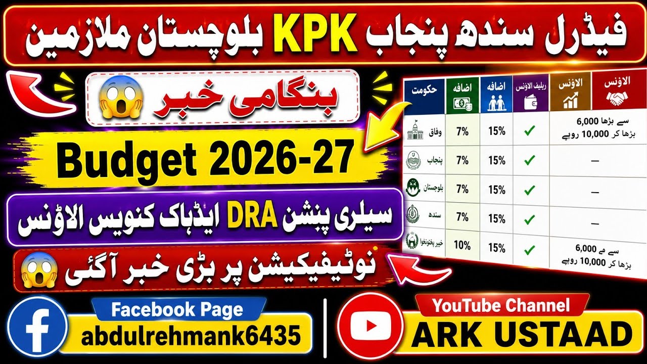 Big News 😱 Federal Sindh Punjab KPK Balochistan Budget 2026-27 salary pension DRA adhoc notification