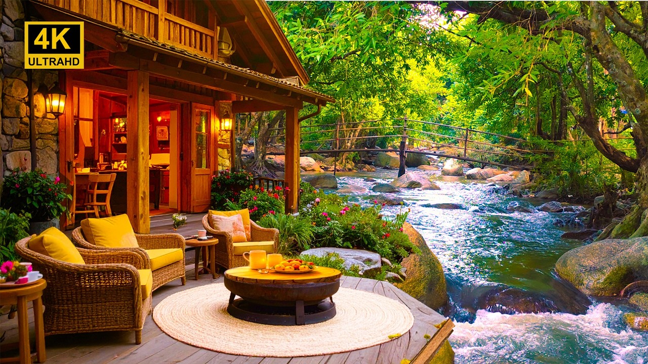 4K Jazz Relaxing Music at Cozy Fall Porch Ambience 🎶 Smooth Jazz Music & River water Birdsong