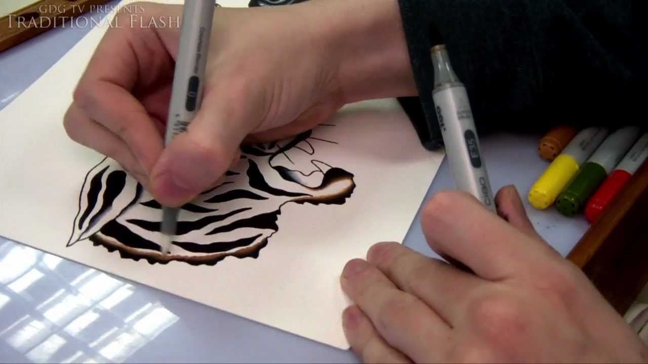 Traditional Flash - How To Draw and Paint Tattoo Flash Tutorial - Tiger, Panther, Rose