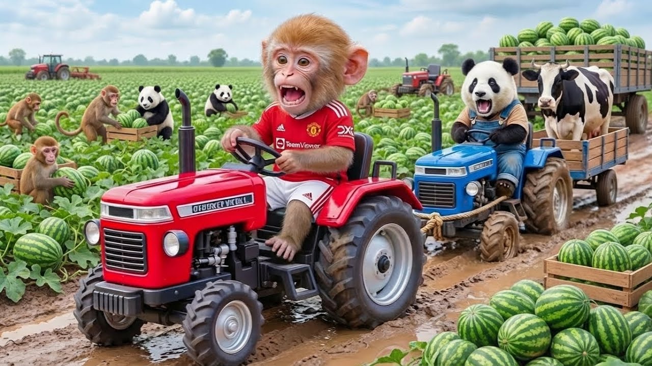 Monkey Mumu Farm Trip Turns CHAOTIC — He Saves a Panda’s Cart Stuck in Mud with a Smart Move