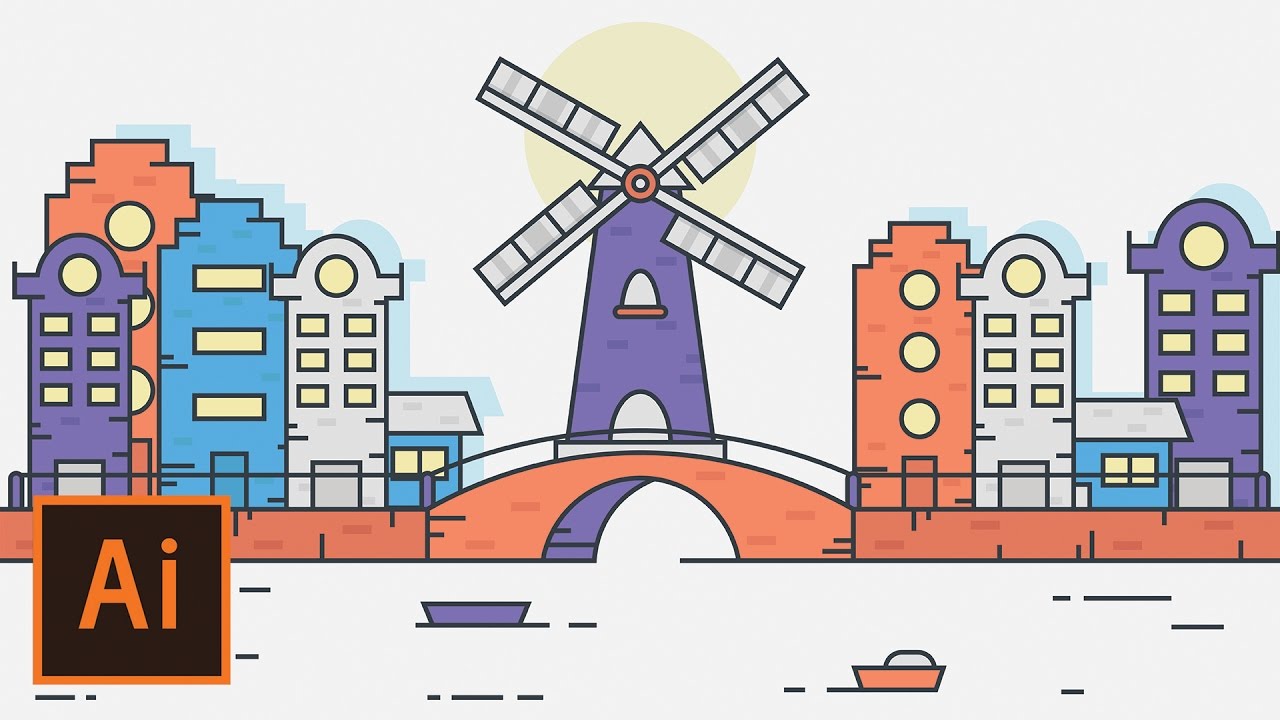 Illustrator Tutorial - Windmill City Landscape Flat Design (Illustrator Flat Design Tutorial)