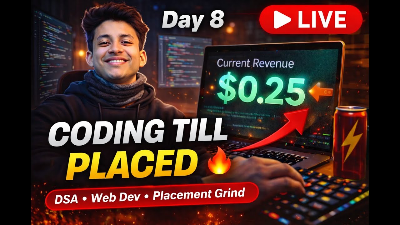 Coding Till Placed | Daily Live DSA & Web Development | $0.25 Revenue Update | Day 8 🔥