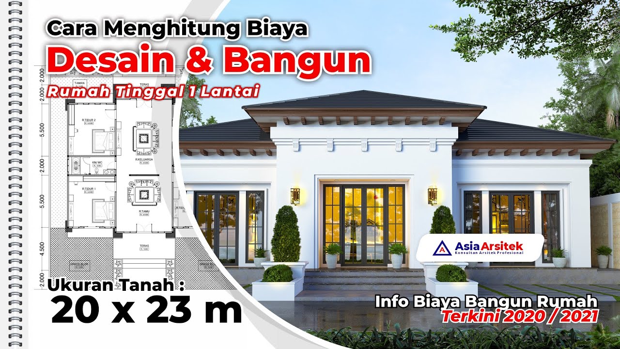 Desain Rumah Mewah 1 Lantai Tropis Mediterania 20 x 23 m (Video Review + Cara Menghitung Biaya)