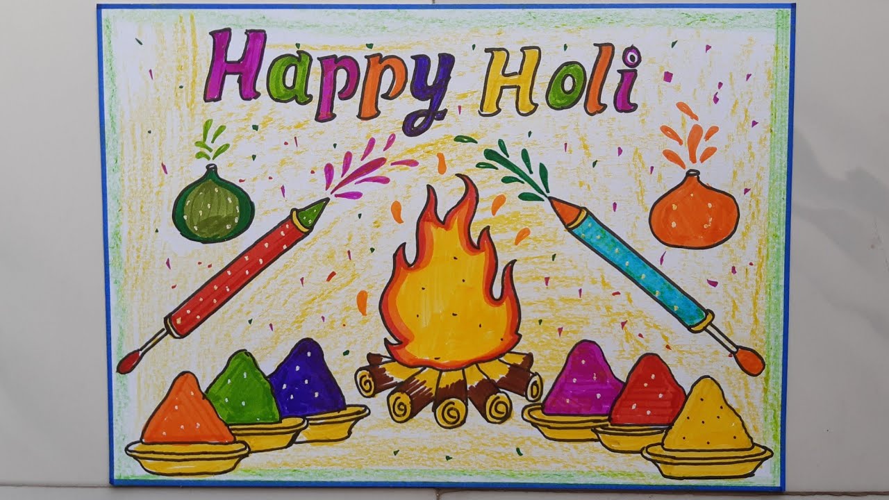 Holi Drawing Easy Steps //Holi Festival Poster Drawing Idea//Holi Fire & pichkari Drawing