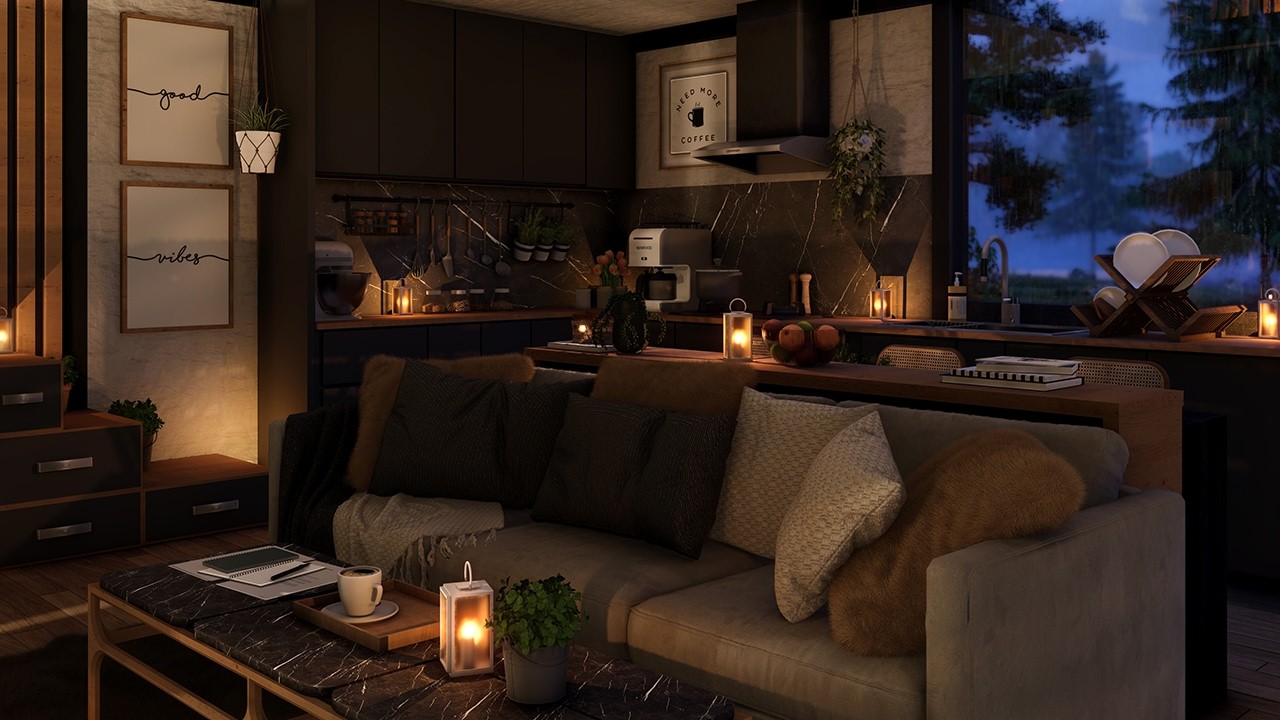 Cinematic Tiny House Ambience | Rain and Thunder Sounds, Crackling Fireplace on a Calm Forest Night