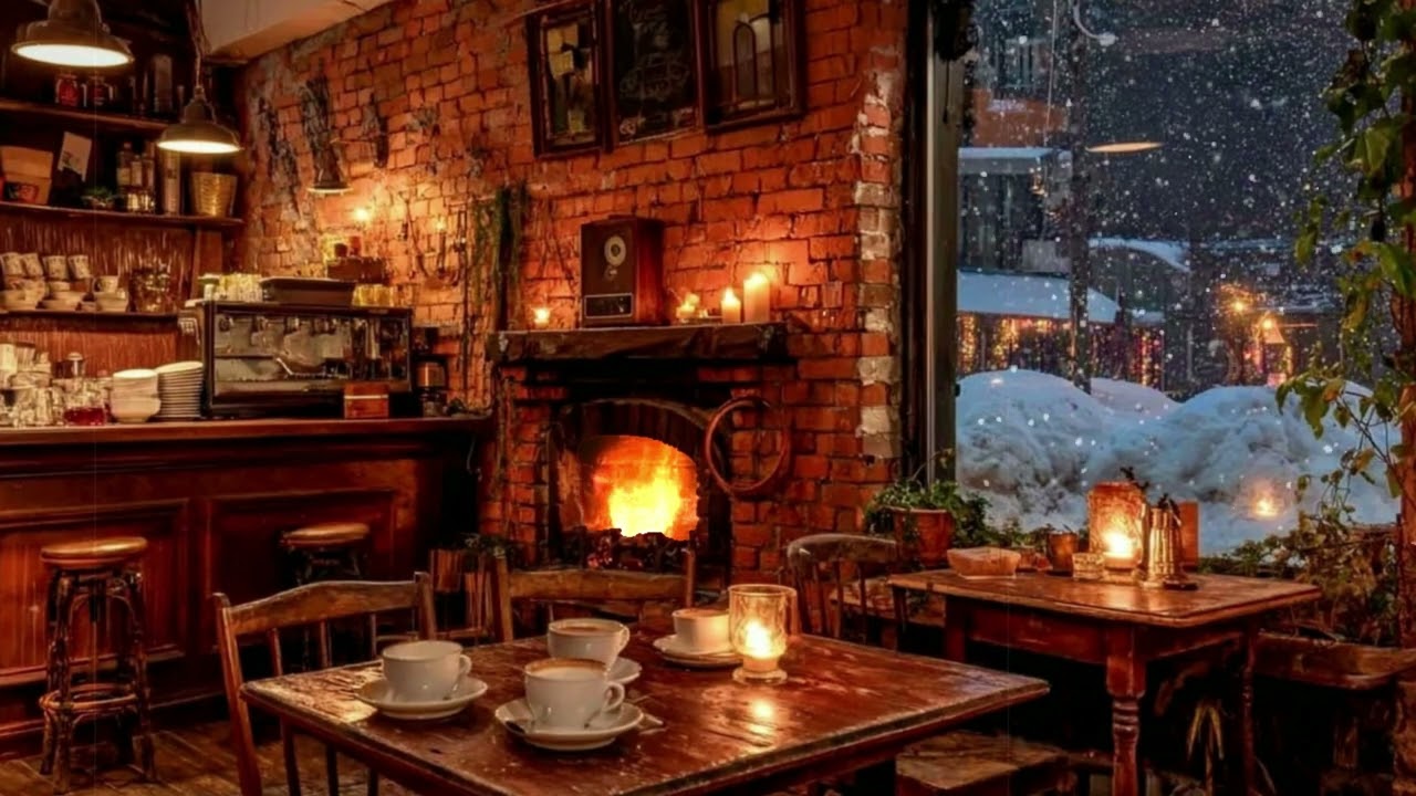 Quiet Snowy Night Village Cafe | Vintage Jazz, Fireplace Sounds & Hidden Brick Sanctuary
