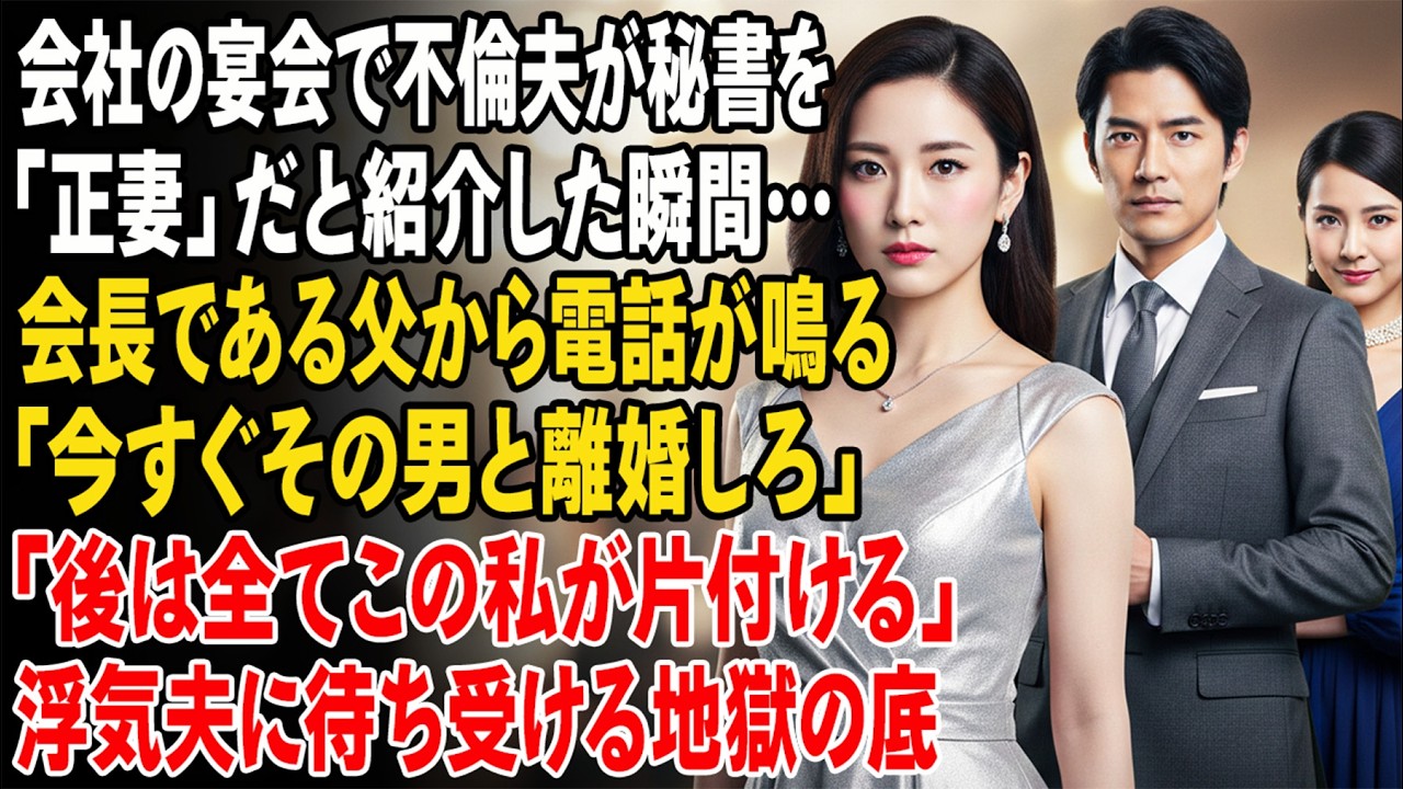 会社の宴会で夫が秘書を「正式な妻」と紹介――その瞬間、会長である父が電話「今すぐ離婚しろ。あとは私が片付ける」