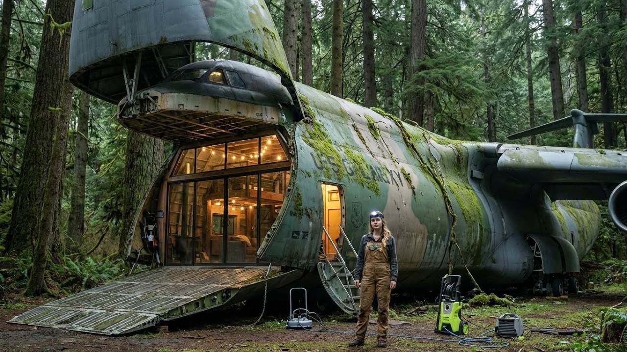 Building a house in a massive Abandoned C 5 Galaxy Cargo Plane lost in the overgrown ancient forest