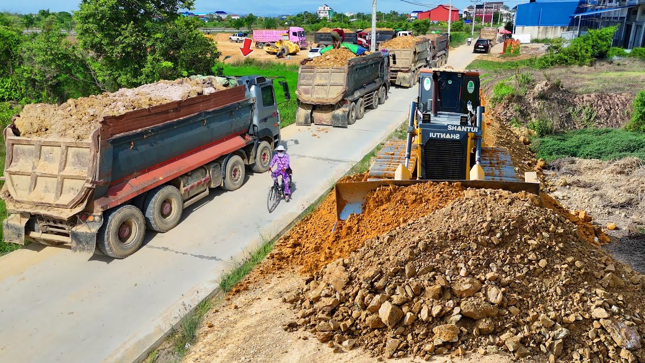 Processing Landfill Task! USING 25.5ton Dump Truck & Dozer Pushing Stone soil in Huge Size, Mix VDO