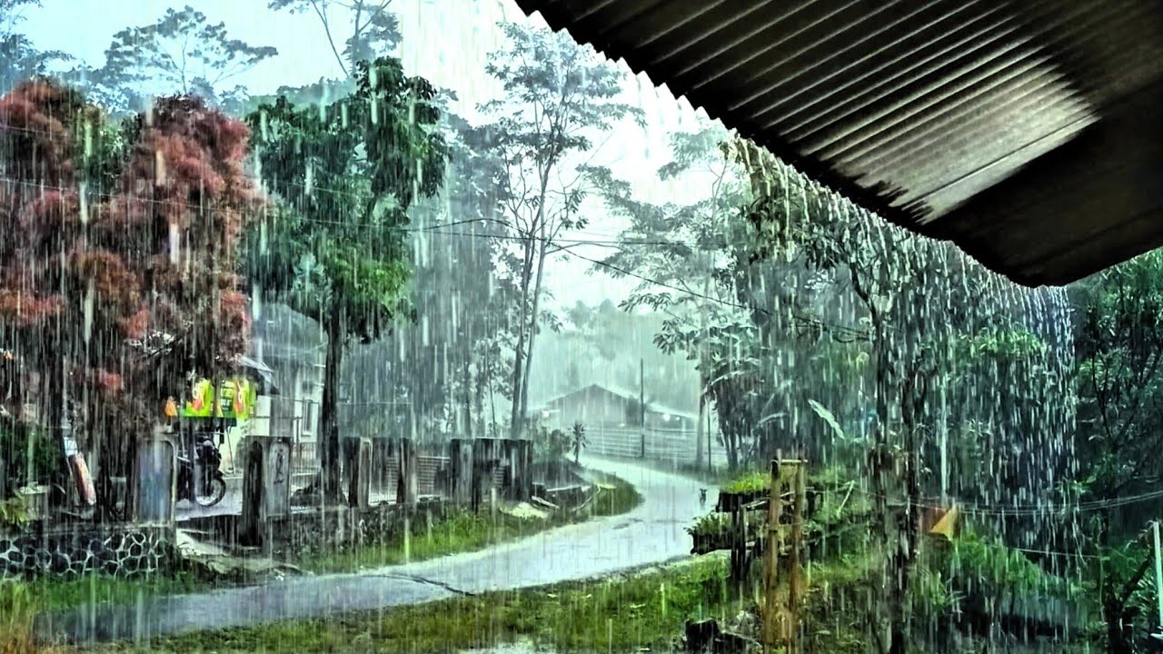Rainstorm in a Quiet Rural Neighborhood | Relaxing Rain Sounds on Rustic Roof and Village Path