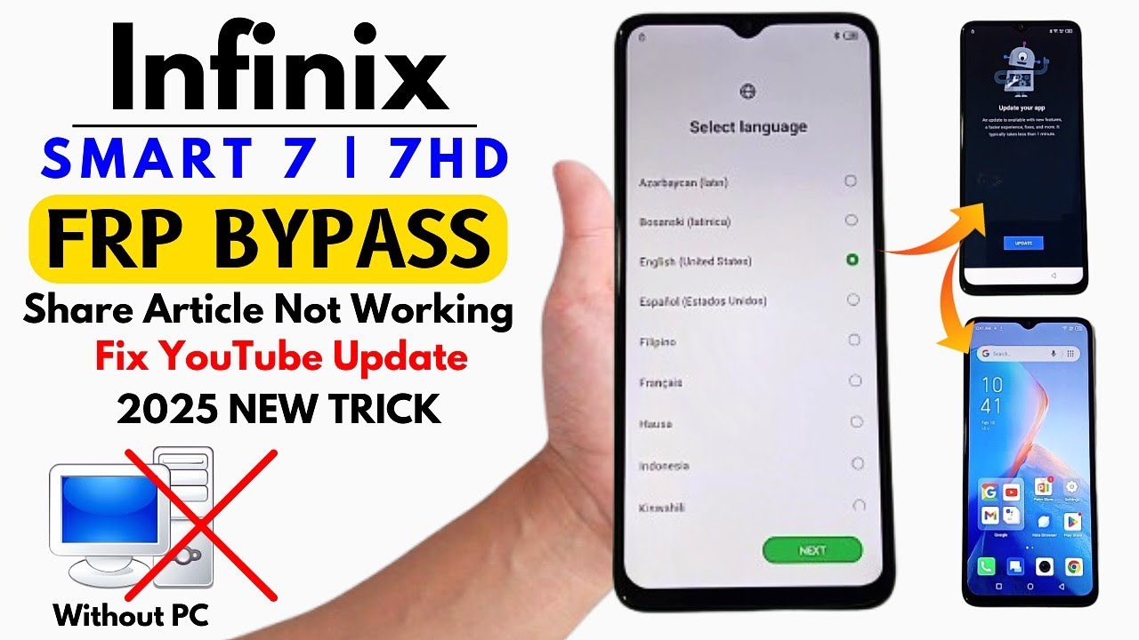Infinix Smart 7/7 hd FRP Bypass 2025 Without PC | Fix YouTube Update | X6515/X6516 Google ID Bypass
