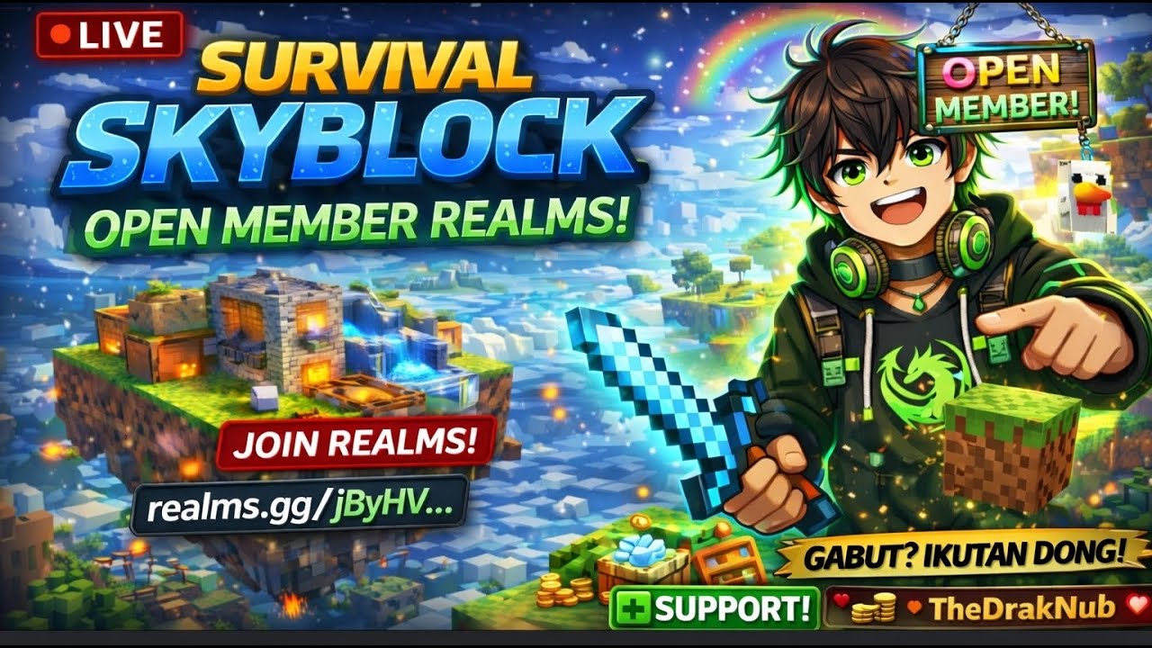 🔴 LIVE Survival Skyblock MCBE! Open Member Realms 🚀 Ayo Mabar!