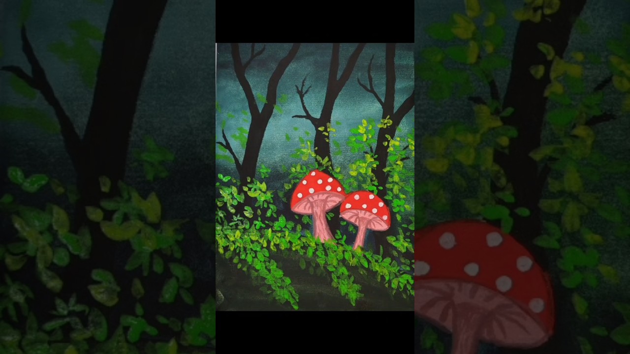 Easy Mushroom painting with scenery🍄🌿 