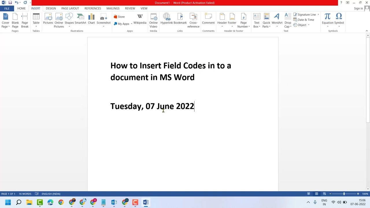 How to Insert Field Codes in to a document in MS Word