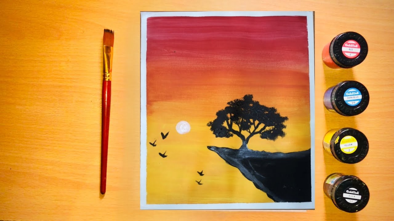 Easy Sunset Landscape Painting for Beginners | Poster Colors | Acrylic painting tutorial |