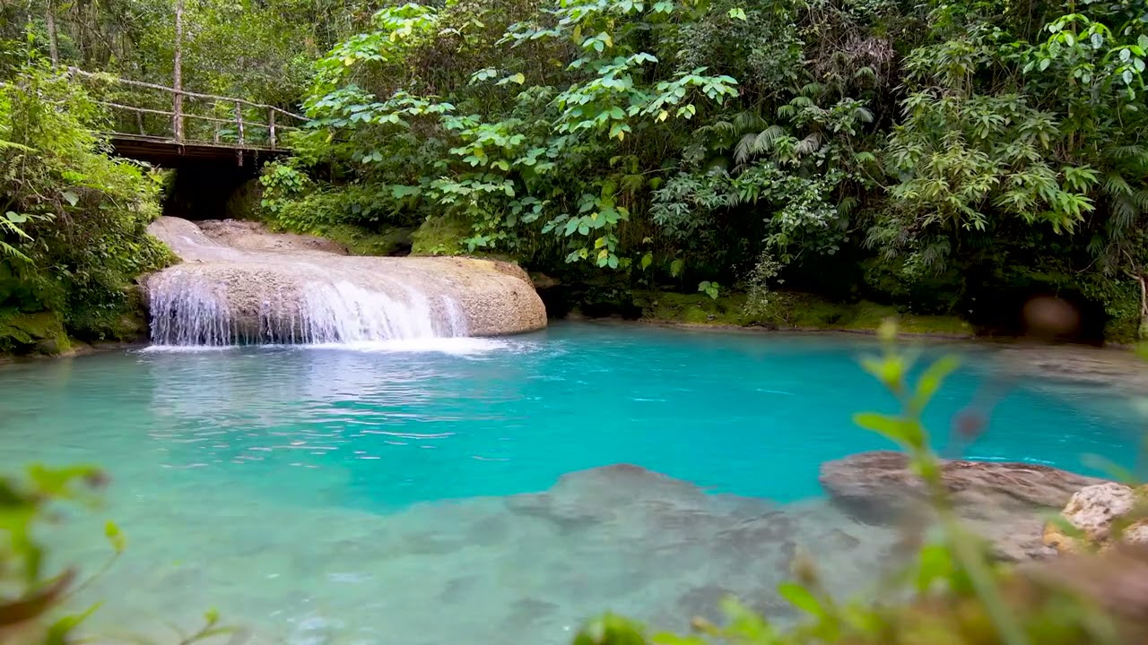 4k Bridge Stream flowing into Blue Lake Water. Waterfall Sounds, Nature White Noise for Sleeping.