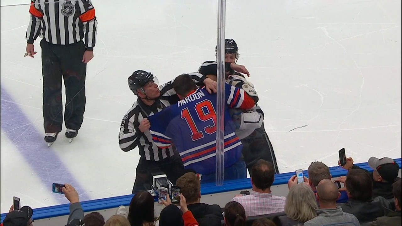 Iginla and Maroon leave penalty box, have a tilt & go right back