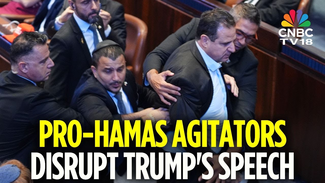 Pro-Hamas Agitators Disrupt Trump's Speech | Chaos At The Knesset Israel-Hamas Hostage Exchange N18G