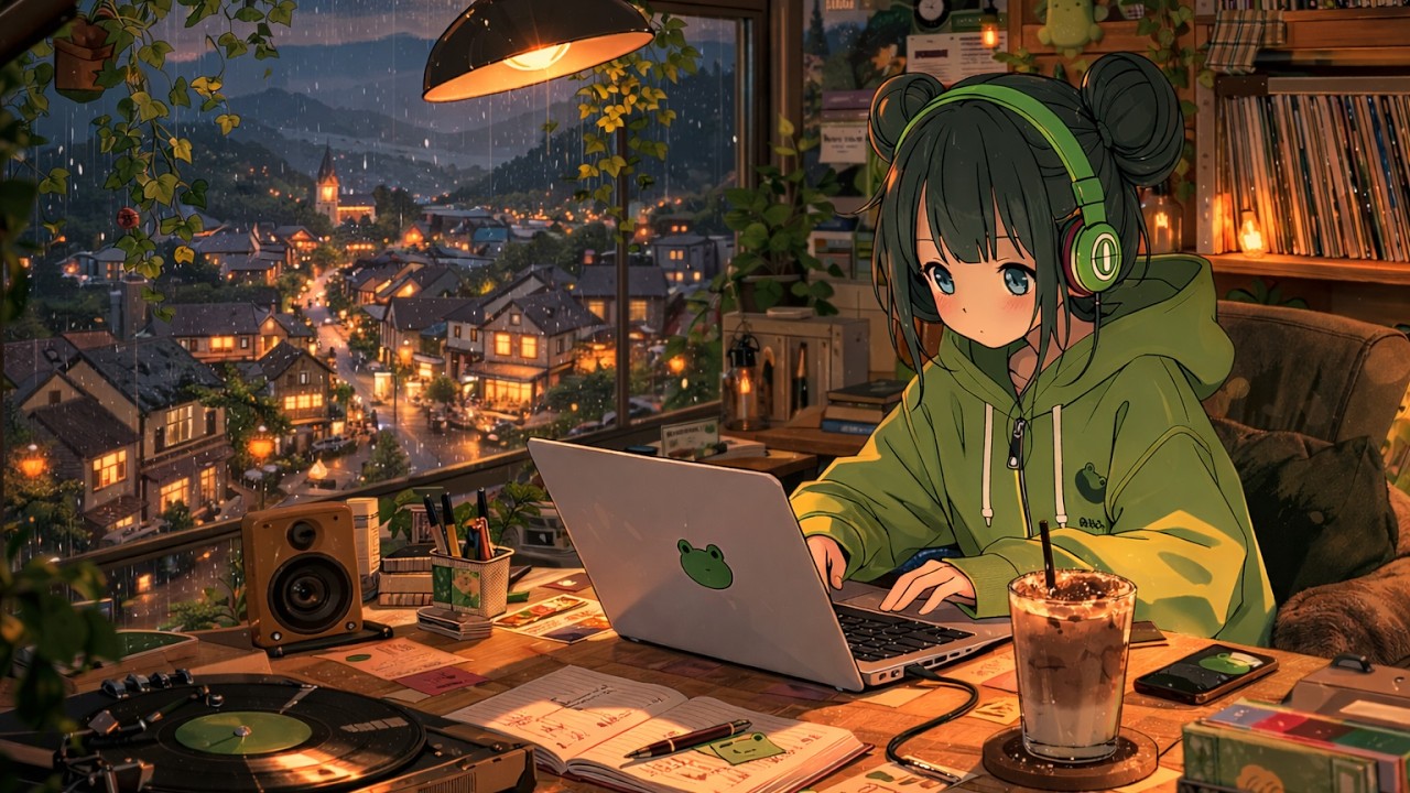 rainy village lights 🌧️ 3 hour lofi mix for study, focus and relaxation | mossy lofi radio 🐸