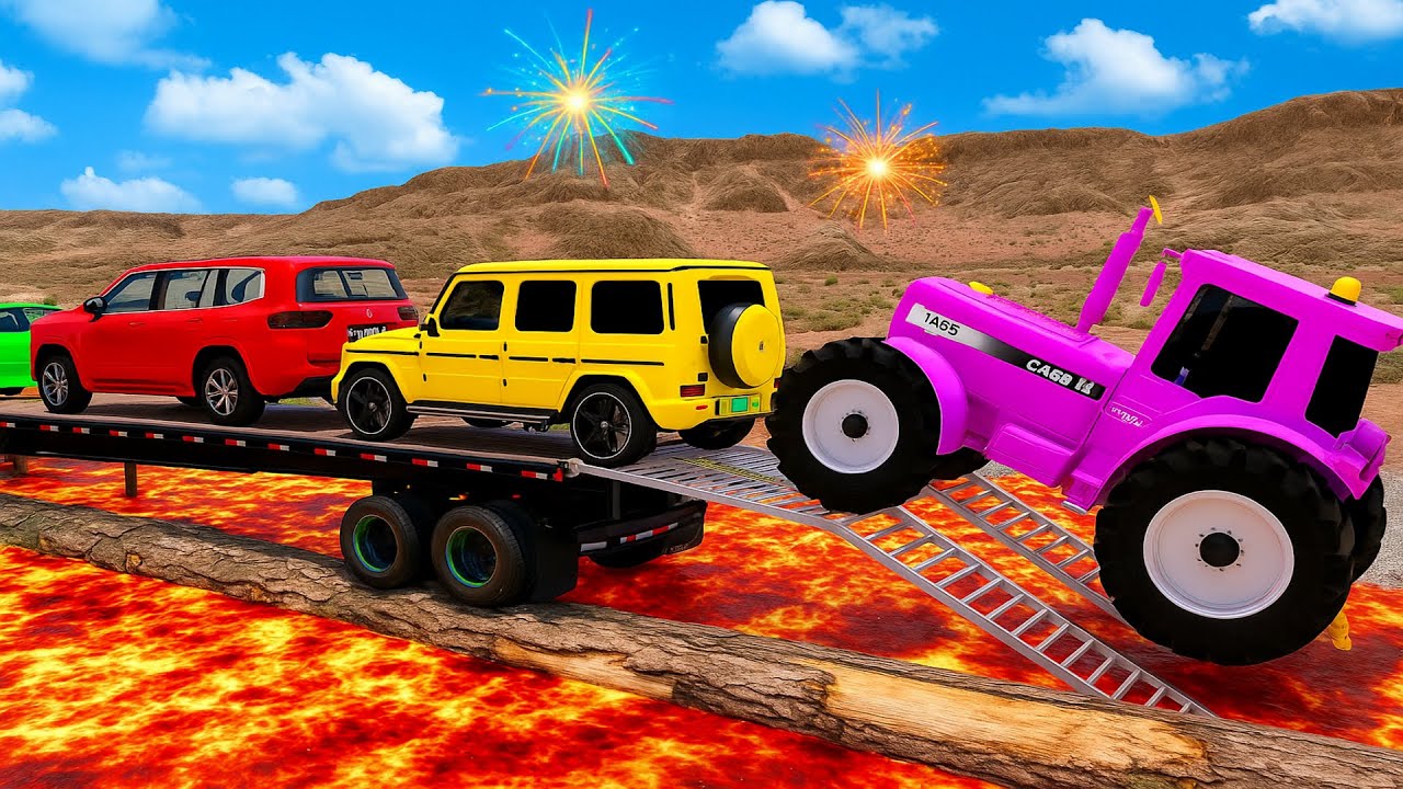 TRANSPORTING PIXAR CARS & FRUITS WITH COLORED & JOHN DEERE vs CLAAS vs TRACTORS - BeamNG.drive 