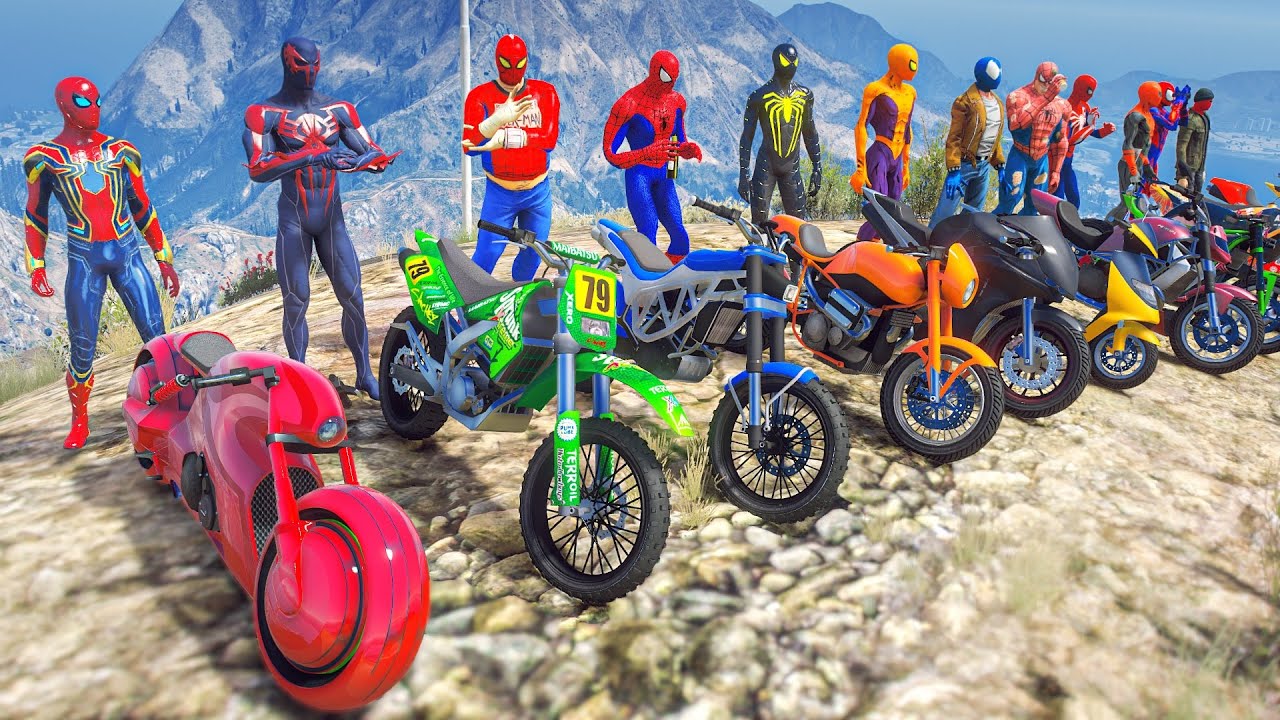 ВСЕ костюмы SPIDERMAN. Мотоциклы. Соревнования по скоростному прыжку в горы # 124
