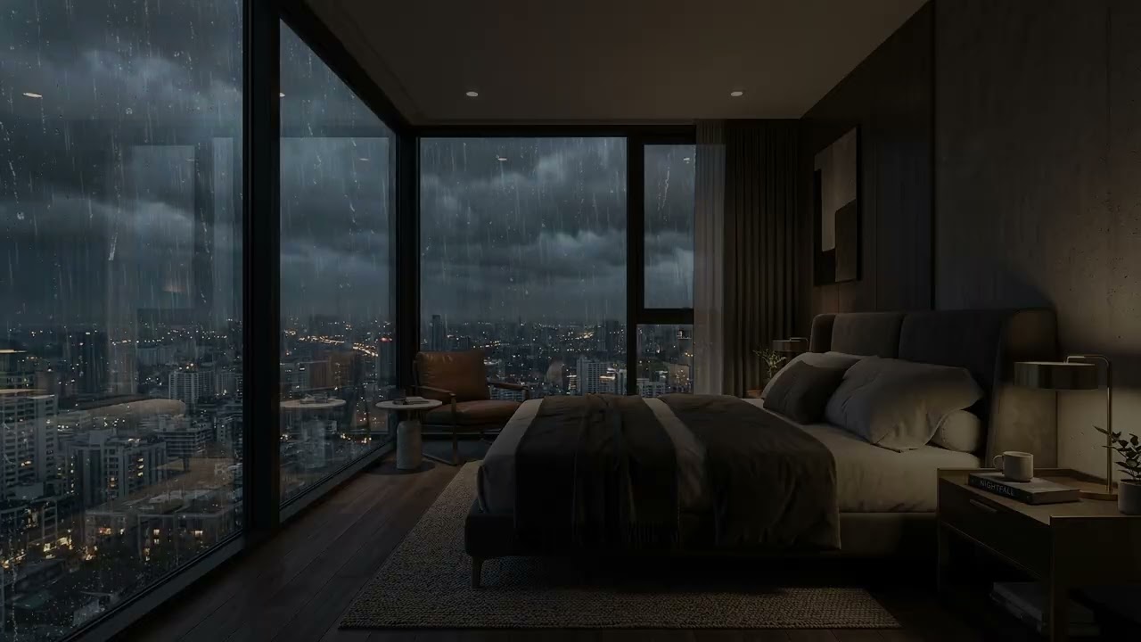Soft City Rain 🌧️ Sliding Down A High Rise Bedroom Window While Neon Streets Glow 🏙️