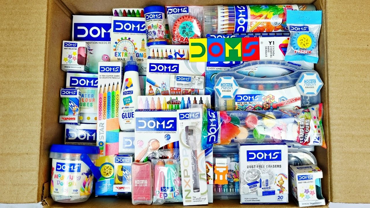 Unboxing DOMS Stationery Kit, Wax Crayons, Eraser, Brush Pen, Oil Pastel, Colour Tubes, Hair brush