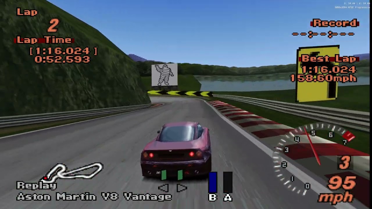 Gran Turismo 2 Stock Laps MidField Raceway ( Aston Martin V8 Vantage ) 1:16.024