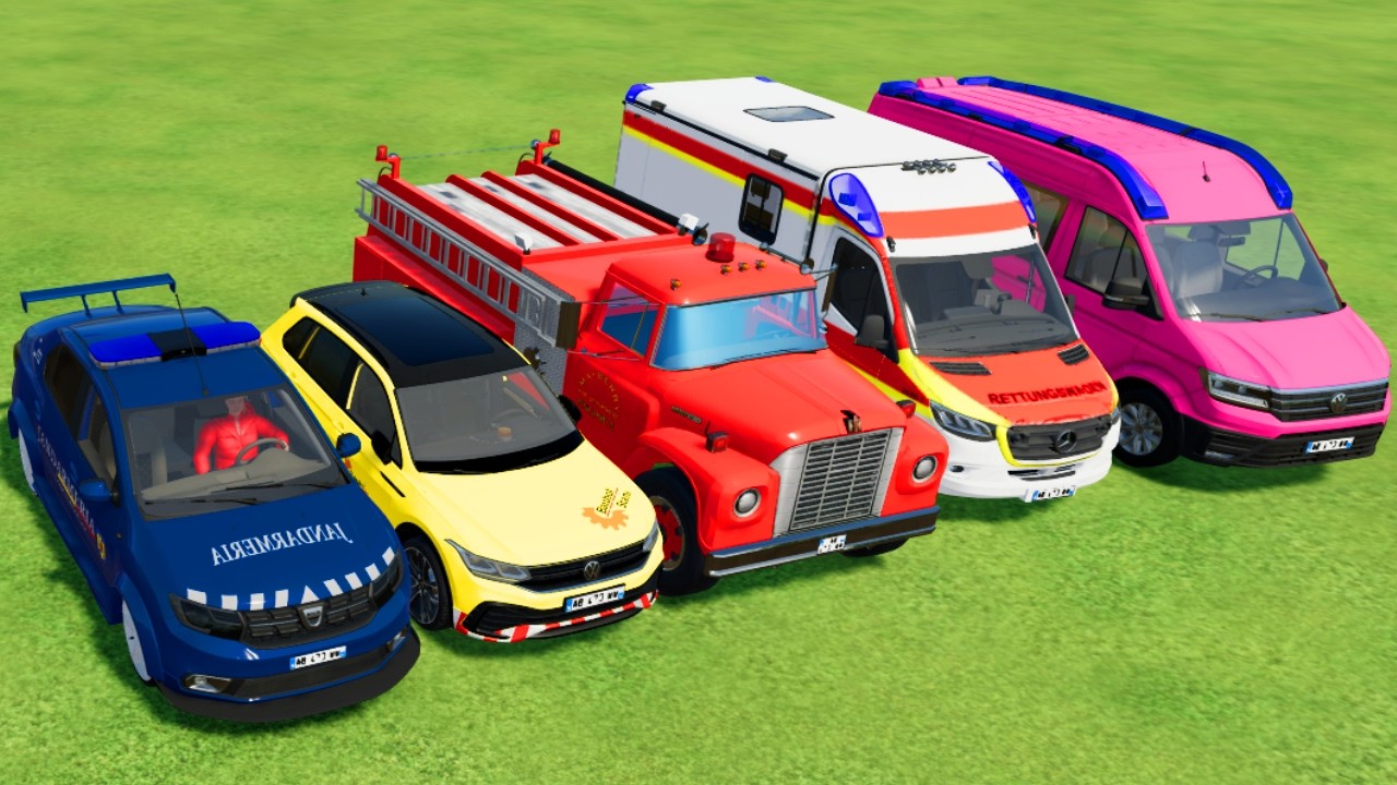 TRANSPORTING POLICE CARS, AMBULANCE, FIRE TRUCK, COLORFUL CARS WITH TRUCK -FARMING SIMULATOR 22!,