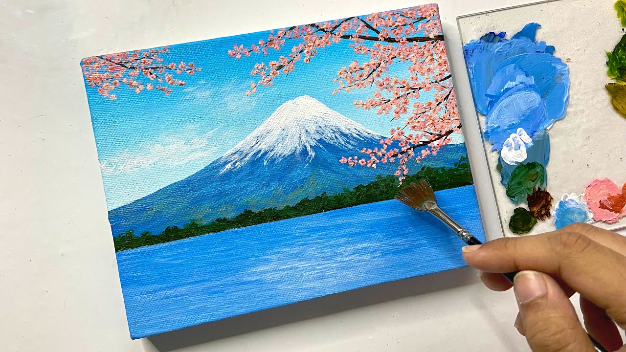 How to Draw Mount Fuji with Cherry Blossoms / Acrylic Painting Tutorial for Beginners