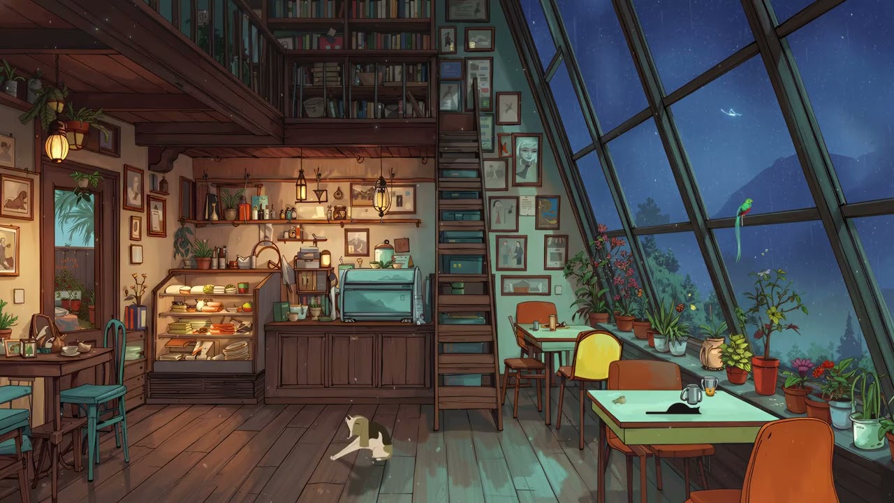 Cozy Night Rain Lofi city Greenhouse Cafe ☕️🌙 Relaxing & Focus | Lofi Hip Hop