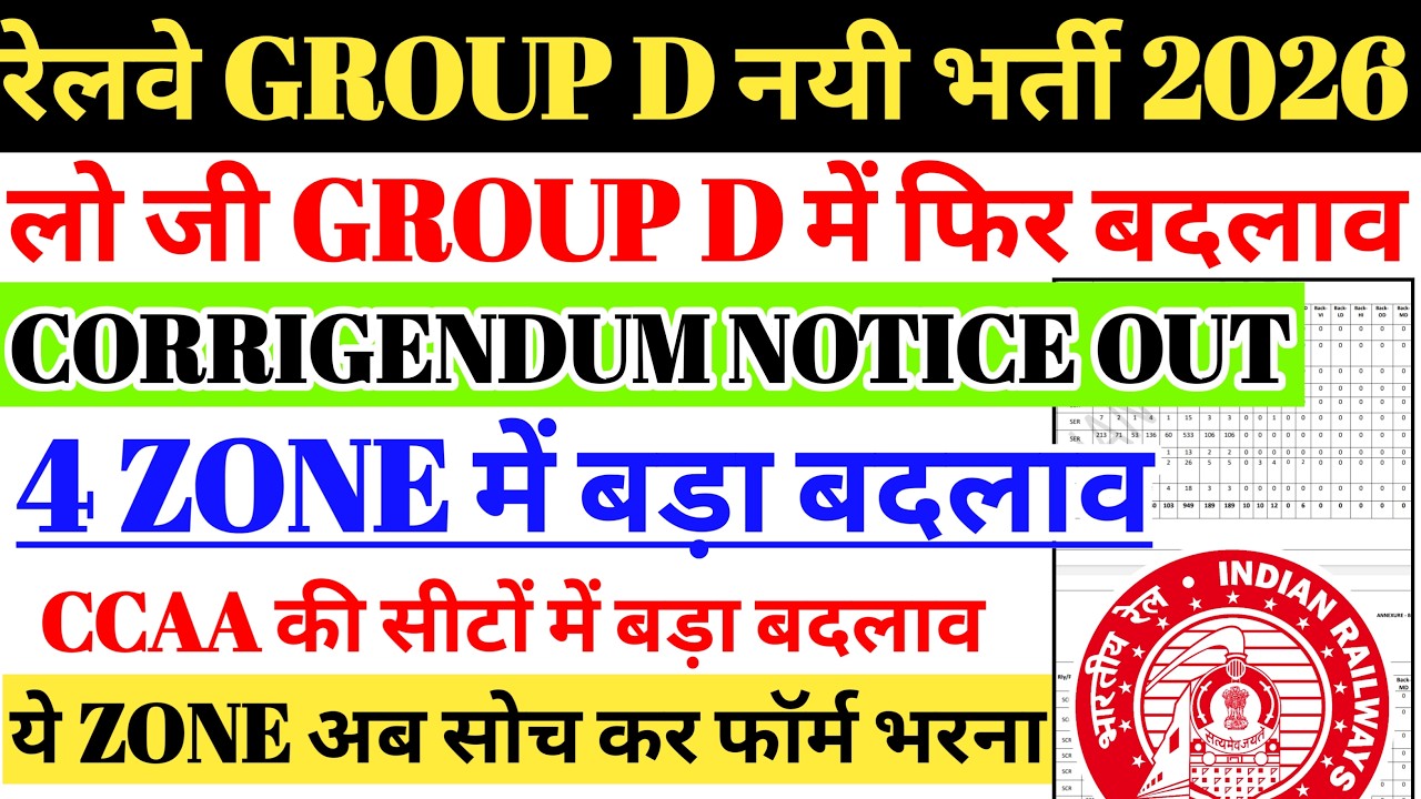 रेलवे GROUP D नई भर्ती 2026 बड़ी खबर | CCAA GROUP D सीटों में बदलाव हुआ🔥 Official Corrigendum Notice