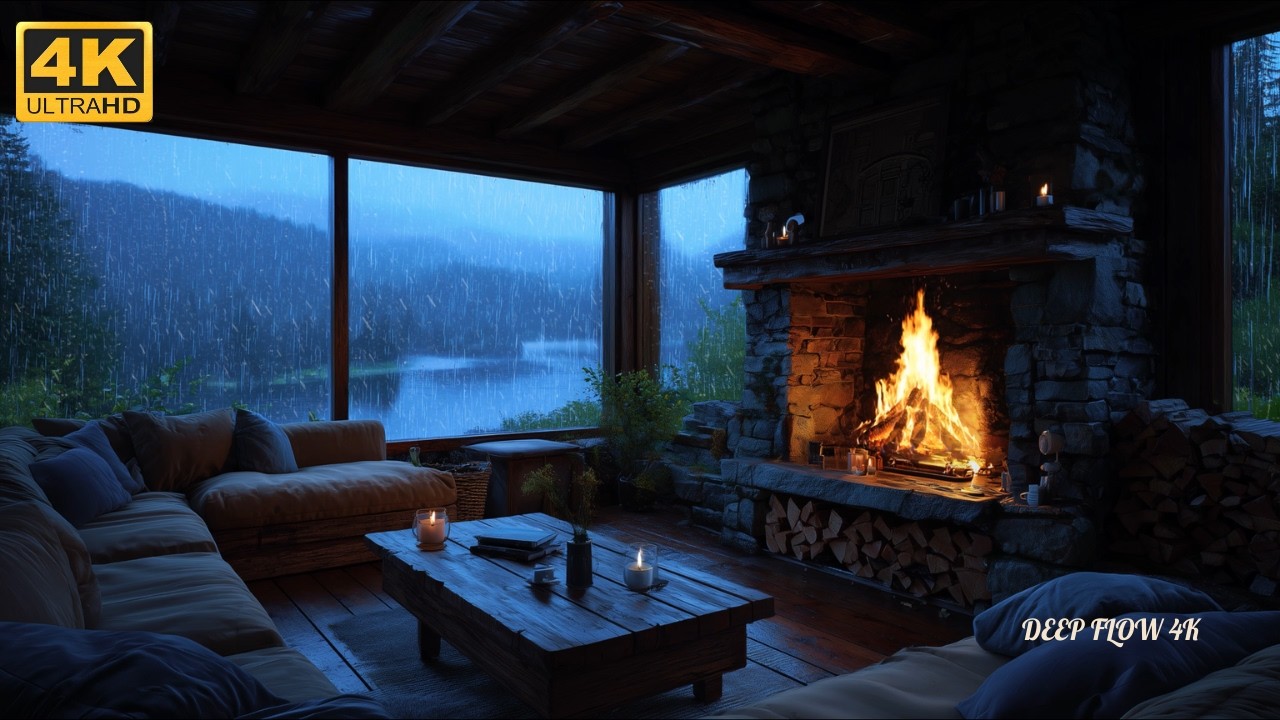 Cozy Fireplace Night | Rain Outside the Window | 4K Sleep Ambience