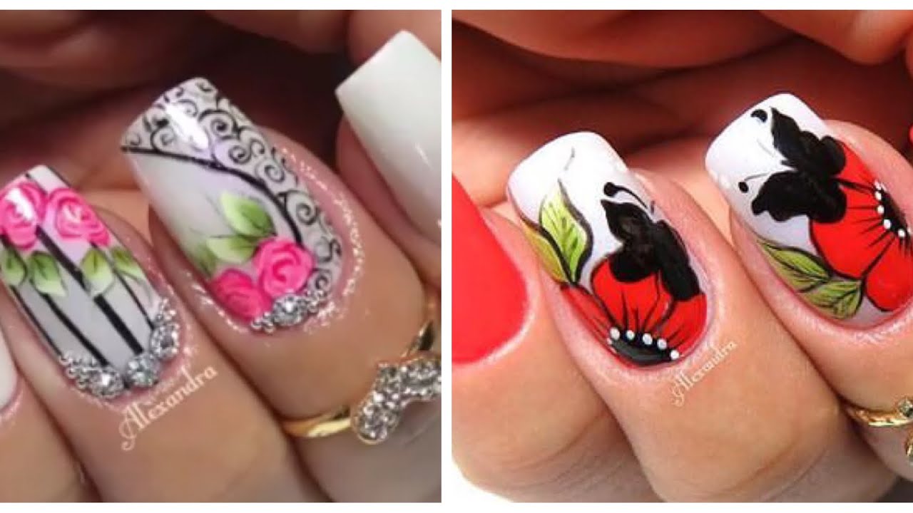 Duas  decorações de unhas, branco e vermelha