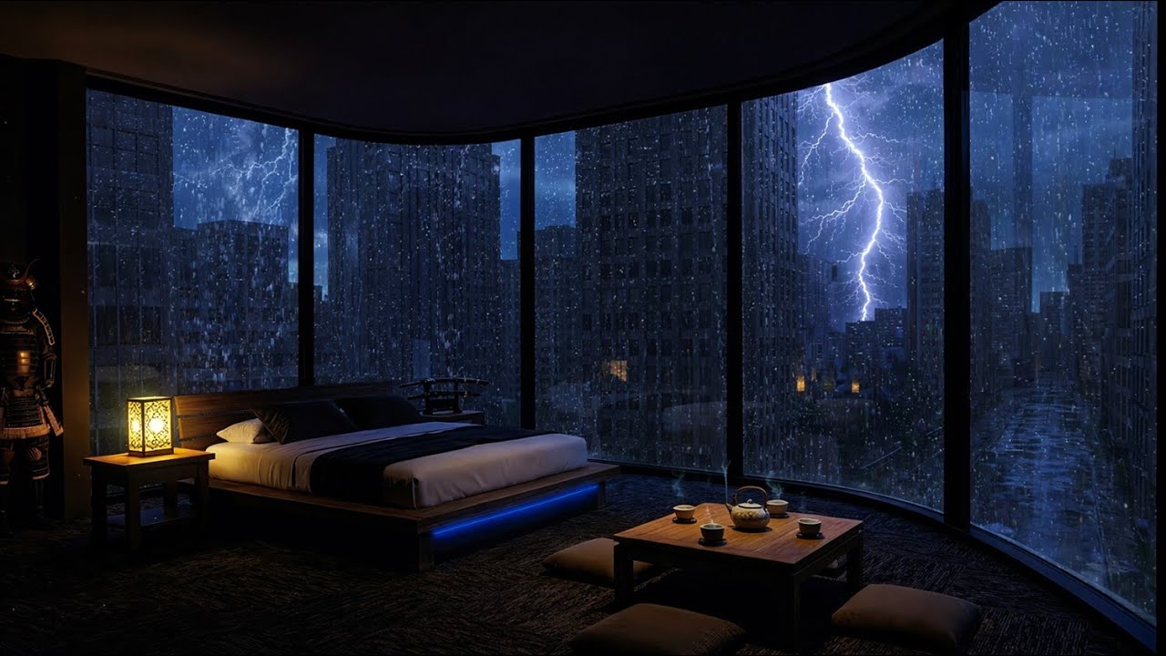 Thunderstorm in a Japanese Tatami Room overlooking Shadowed Buildings for Sleep Support
