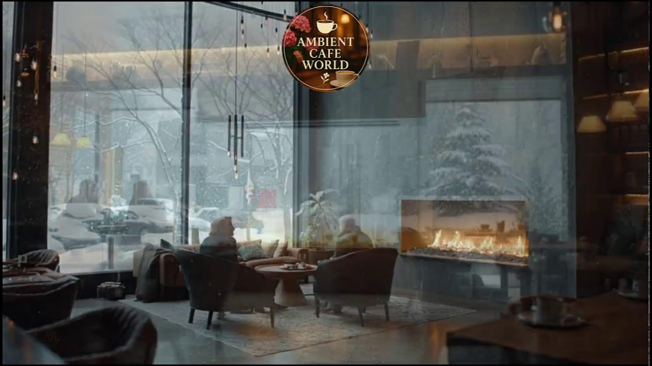 🔴 Soft Winter Jazz Music & Snowfall for Studying ⛄ Outdoor Coffee Shop Ambience with Warm Jazz Music