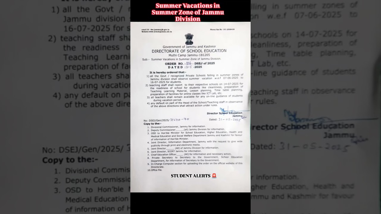 Summer Vacations in Summer Zone of Jammu Division