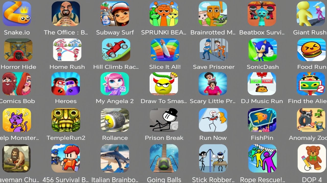 The office boss,Subway Surface,Save Prisoner,Find the alien,DOP 4,Heroes,Fish pin,Draw to smash 
