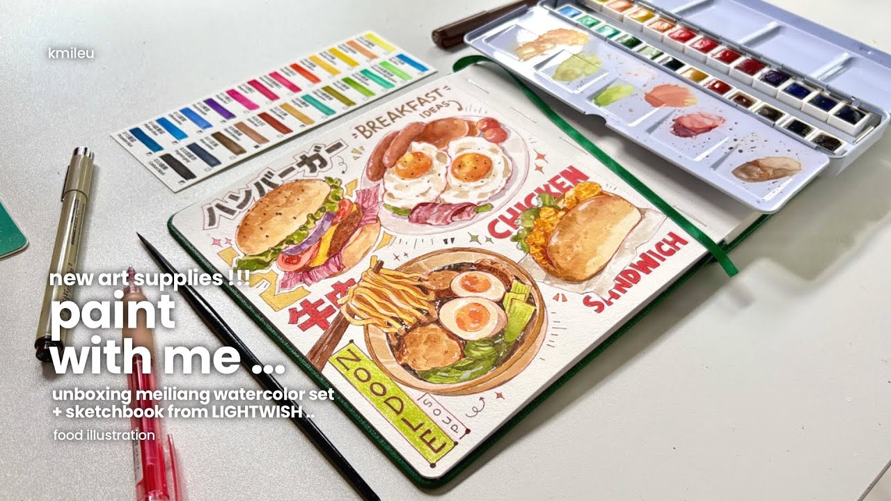 ˚new art supplies - paint with me | lightwish meiliang watercolor + sketchbook | food illustration ˳